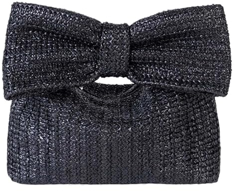 DCNIYT 1/2 x Luxus-Schleifen-Strohtasche für Damen, gehäkelt, Strand, Handtasche, Bast, gewebte Geldbörse, Rattan, für Damen, Party, Hochzeit, Sommer, Clutch, Schwarz , Einheitsgröße