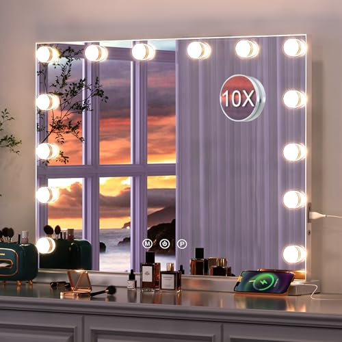Specchio Trucco con Luci, Specchio Hollywood da Tavolo con 14 Lampadine LED, 3 colori di illuminazione, Specchio da trucco con USB e ingranditore 10x, Installazione su tavolo e a parete - 50*40cm