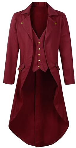 Maeau - Manteau Steampunk Longue Queue pour Hommes Médiéval Victorien Smoking Gothique Manteau Long Vintage Uniforme Prince pour Halloween - Rouge - 2XL