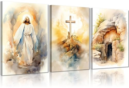3 Stück Jesus Leinwand Wandkunst Christliche Wanddekoration Jesus Auferstehung Aufstieg Malerei Bilder leeres Grab Kreuz Poster Drucke für Schlafzimmer Gebetsraum Kirche Ostern Heimdekoration 40,6 x