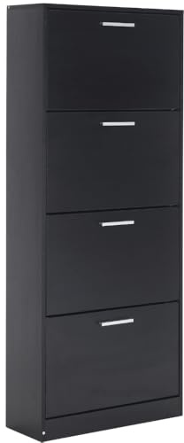 ZIK - Scarpiera Salvaspazio Slim in Legno (63x24x155) Doppia profondità Scarpiera da Ingresso Verticale 4 Ante, Moderna, Scaffale Scarpe di Design Adatti a Vari Stili di Arredamento (Nero)