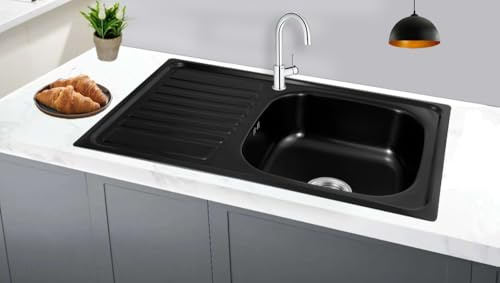 Omeere Fregadero de cocina de acero inoxidable 304 de 0,8 mm,Fregadero empotrado 1 seno 80 x 50 x 18cm,pequeña rectangular (Escurridor a la izquierda negro)