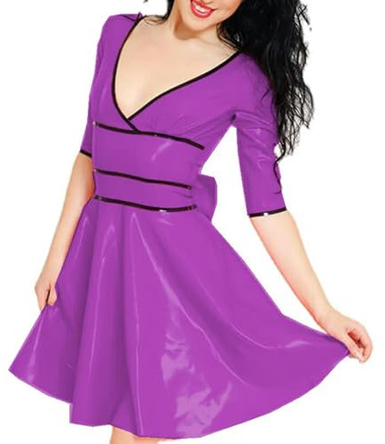 Vestido de Mujer con Escote en V Profundo, Corte A, Manga Corta, Falda Plisada, Vestido de Fiesta, Fucsia, XL