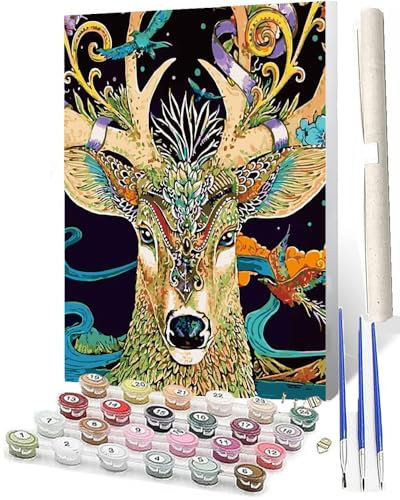 WMZPOY Malen Nach Zahlen Erwachsene DIY Handgemalt Ölgemälde Kit für Anfänger und Erwachsene Bunte Hirsche Mit 3-Pinseln und AcrylfarbeOhne Rahmen 40X50CM