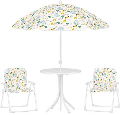 AIYAPLAY Kindersitzgruppe mit Sonnenschirm Höhenverstellbar Kindersitzgarnitur Kindertisch mit 2 Klappstühlen Sitzgarnitur Kinder Sitzgruppe Outdoor Gartenmöbel für Garten Strand, Weiß