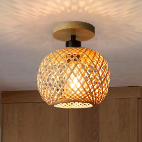 Mengjay Retro Plafoniera in Bambù e Legno Lampadario Boho E27 Lampada da Paralume Design Gabbia,lampada per camera da letto, cameretta dei bambini, corridoio, corridoio