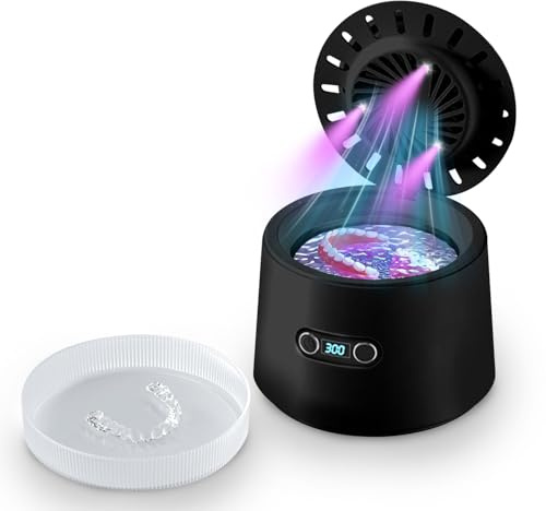 Pulitore Ultrasuoni， 48000Hz Pulitore Gioielli Ultrasuoni， Lampada UV Lavatrice Ultrasuoni per Apparecchio Denti Protesi Dentali Retainer Anelli Collane (nero)