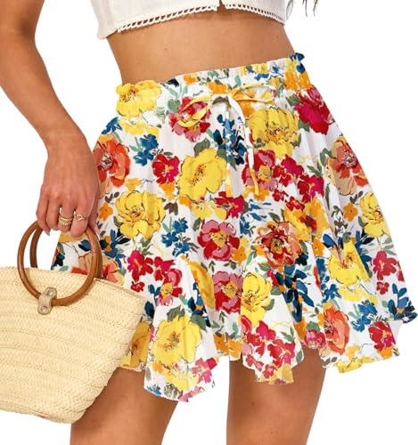 Eisnnu Mini Jupe Femme Jupe Courte en Mousseline à Volants Taille élastique et Doublure Sexy Floral Leopard Skater Skirt (FR/ES, Alpha/Lettres, M, Taille Normale, Taille Normale, Fleur Jaune)