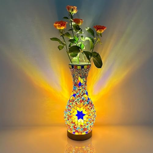 Maimeili Retro turkisk mosaik va marockansk bord färgglad handgjord glasvas med träbas blomma USB-laddning rumsdekoration ljus rum