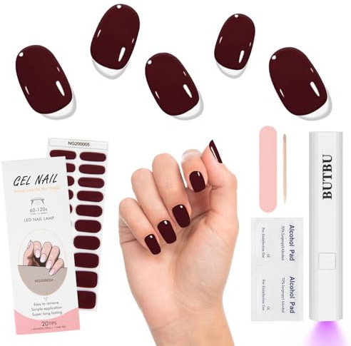 BUTBU Uñas de Gel Pegatinas, 20 Piezas Gel Semicurado de Pegatinas,Uñas Ge-l Pegatinas UV, con Mini Lámpara U-V y Lima de Uña-s, Adecuada para Manicura DIY(Burdeos)