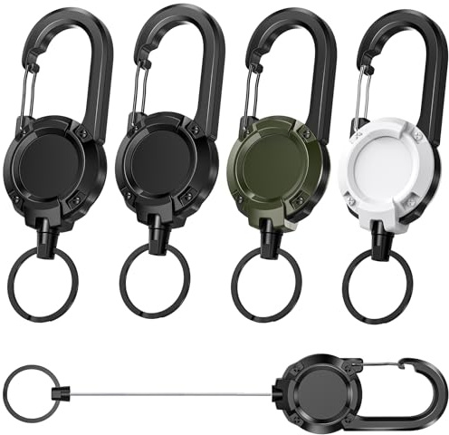 FeinKulturia 4 Pezzi Portachiavi Estensibile, Badge Holder Retrattile con Moschettone, Cavo in Acciaio 60cm per Porta Badge, Porta Carte, Chiavi, Nero Bianco Verde