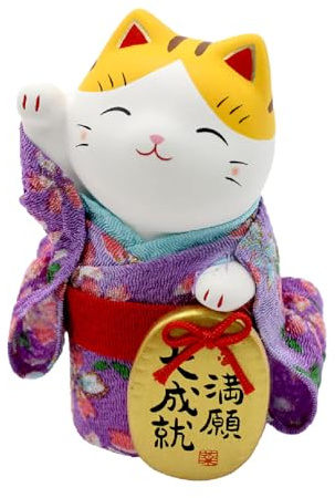 Waraku Fuuka Japanese Traditional Ceramic Figure Figurine Decoration Doll Statue Maneki Neko Chirimen Kimono Cat (S, Mangan)