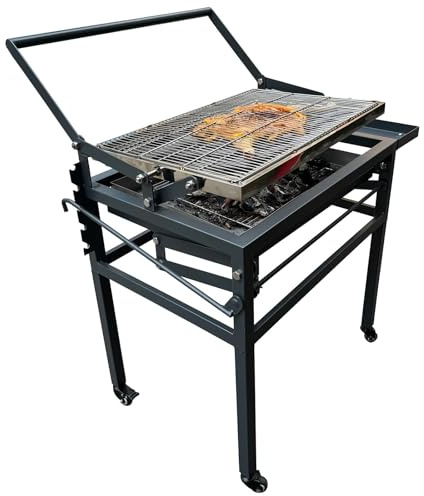 Parrilla portátil para barbacoa con función de rotación de 360°, ruedas para fácil movilidad, rejilla de acero inoxidable y bandeja ajustable, ideal para camping, pícnics y reuniones al aire libre