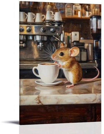 ZBBZJYHH Animal Oil Painting of A Mouse Pushing An Espresso Cup Bigger Than Itself Across A Café Counter. Modern Artistic Wall Mural Hanging Decor Poster24x36inch(60x90cm)