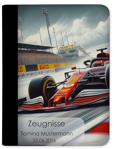 CreaDesign Zeugnismappe A4 mit Namen personalisiert – Formel 1 – für Jungen – Dokumentenmappe Schule ohne Klarsichthüllen