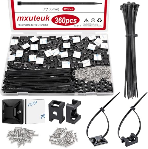 mxuteuk Kit de 360 soportes de bridas de cable autoadhesivas fuertes con cierre de cremallera negro con bridas y tornillos de 6 pulgadas, protección UV para exteriores, sujetadores de alambre adhesivo