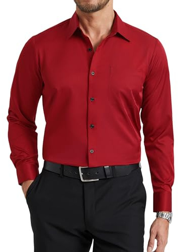 Enlision Klänning skjorta herr långärmad strykfri elastisk knappkrage anti-rynk normal passform skjortor affärsdräkt formell bröllop med ficka, Röd röd, 3XL