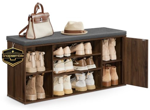 SONGMICS HOME Schuhbank, superschnelle werkzeuglose Montage, Toolless-Technologie, Sitzbank mit Stauraum, offene Fächer, verstellbar, Schuhschrank, naturwalnussfarben-schiefergrau LHS391KE02