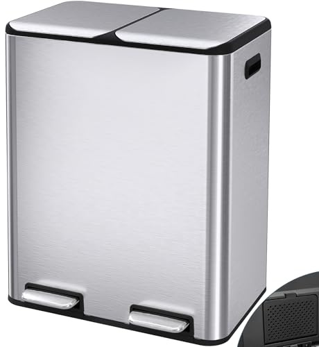 LIFERUN Mülleimer 2 Fächer 60L, 2 x 30 L Treteimer mit Geruchsfilter | Deckel Geräuschlos, Inneneimer aus Kunststoff, Mülltrennsystem, Metall Doppelter Abfalleimer für Küche Büro, Silber