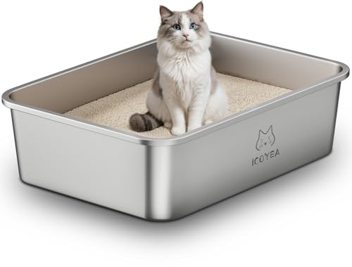 Stor Kattlåda i Rostfritt Stål, XXL Öppen Katttoalett i Metall för Katter i Alla Storlekar och Kaniner, med Non-Stick Yta, Luktfri och Lätt att Rengöra, 70x50x20cm