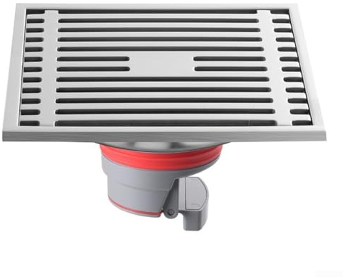 Siphon de sol de douche en acier inoxydable de 15 x 15 cm avec débit d'eau efficace de grand diamètre anti-odeur et panier filtrant amovible et installation facile pour la rénovation de salle de bain