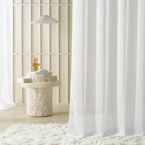 ROOM99 Cortina con Ojales Sensia, 250 x 260 cm de Ancho x Alto, Transparente, Moderna, Cortina Panel para salón, Dormitorio, Color Blanco, Aspecto de Lino Liso, 1 Pieza
