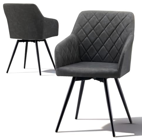 TUKAILAI Esszimmerstühle Drehbar 2er Set Kunstleder, Drehstuhl Esszimmer mit Armlehnen Polsterstuhl Gepolstert,Küchenstuhl Polsterstuhl Armlehnenstuhlfür Esszimmer Wohnzimmer Büro, Dunkelgrau