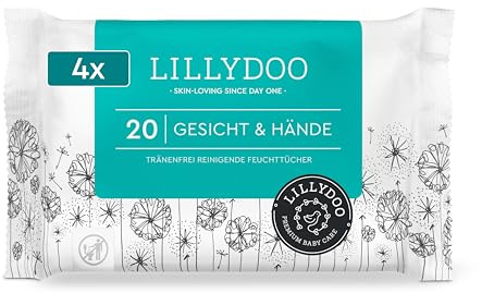 Salviettine detergenti viso e mani LILLYDOO, 20 pezzi, 100% salviettine senza plastica, senza profumi (Confezione da 4)