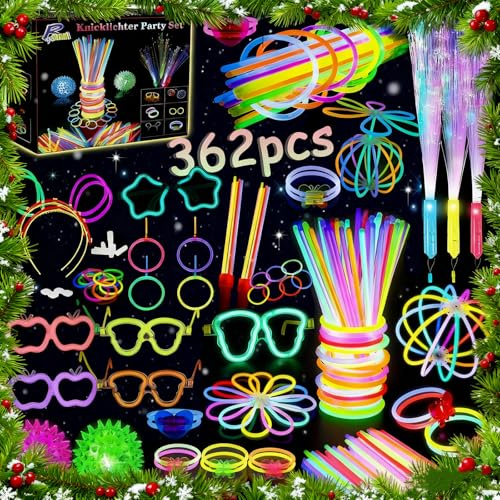 zycBernoi 362 Stück Knicklichter Party Set, LED Leuchtstab Glasfzaser mit 200 Verbinder, Igelball, Brille, Armreif, Leuchtstäbe, Leuchtspielzeug für Kinder Erwachsene Party Deko