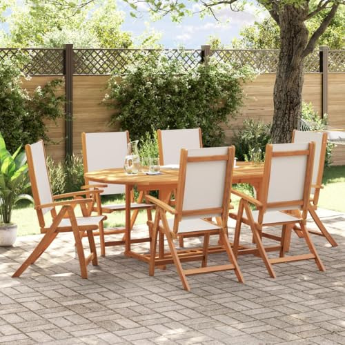 Ziaphsol 7-Piece Extendable Garden Dining Set Solid Acacia Wood Textilene Grey Adjustable Chairs Parasol Hole for Patio Garden Balcony