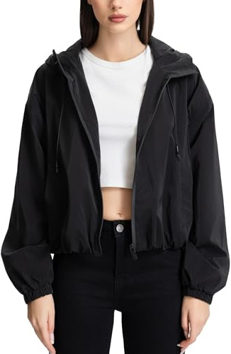 vittorio y Giacca Donna Primaverile Bomber Impermeabile e Antivento, Giubbotto Corto con Cappuccio, Windbreaker Moda Casual (IT, Testo, Taglia unica, Regular, Regular, L/XL, NERO)