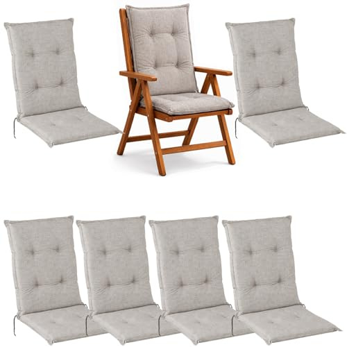 BURI 6X Hochlehner Auflage 117x49x6 cm - wetterfeste Gartenstuhlauflage mit Schaumkern & Vollvlies, Halteband & Bindebänder, bequemes Stuhlpolster für Balkon, Terrasse & Garten (Grau)