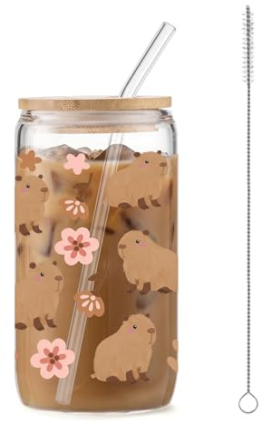 FloralGrace Capybara Tazza, Bicchiere con Coperchio E Cannuccia, Motivo Capybara E Fiori, Vetro A Tema Animale per caffè, Contenuto 470ML, Bicchiere Cartoon(B)