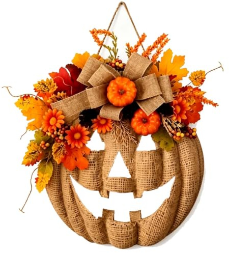 LKHYUKU Twinkle Pumpkins, Lighted Burlap Pumpkin Wreath with Remote Control (A#) | Farmhouse Fall Wreath, 8-Mode LED Fall Door Decor, Halloween Autumn Wreath for Porch Home Decor