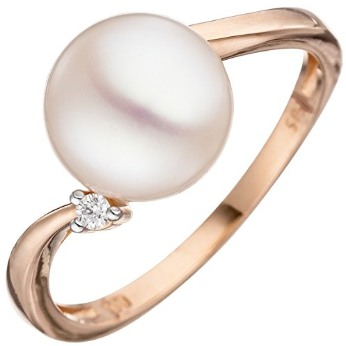 Jobo Damen-Ring aus 14 Karat 585 Rosegold mit großer Perle und Diamant Größe 58
