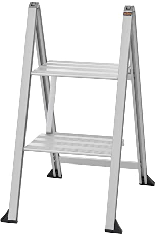 Alu Trittleiter Vikingstep Mini von W.Steps I 480mm hoch I Belastbar bis 150kg I Kompakte Aluminium Klapptrittleiter mit 2 Stufen I Nur 35mm breit I 728141