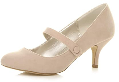 AJVANI Womens Ladies Low mid Heel Mary Jane Strap Work Party Court Shoes Pumps Size