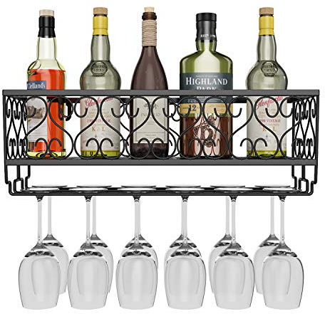 AcornFort® W-611 Metal Black Wall Hanging Mounted Wine Champagne Glass Goblets Stemware Rack Holder, 50 x 20 cm Hold Up To 12 Bottles Wine and 12 Cups Glasses
