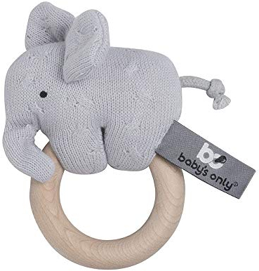 Baby's Only - Baby Rassel Elefant - Beißring - Babyspielzeug 0+ Monate - Aus Holz - Mit gestricktem Stofftier - Silbergrau