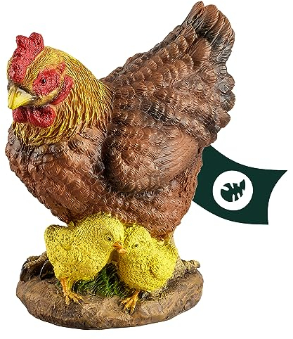 VERDOBA Garten Figur Huhn aus Kunstharz, weiß, handbemalt - Henne Dekofiguren Garten Deko Gartenfiguren für außen groß - Hühner Gartendeko Polyresin Figuren Tiere (Henne mit Küken - braun)