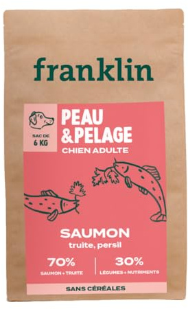 Franklin – Croquettes pour Chien – Gamme Protéinée – avec 70% de Saumon – Mono-protéine – sans Céréales – Peau et Pelage – Forme Triangle 11mm – 6 kg