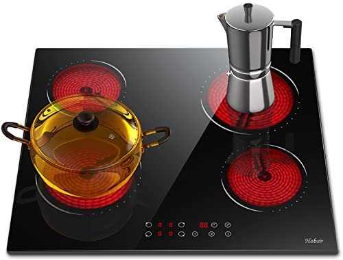 Hobsir hob Ceramic Hob 60 cm Electric Hob 4 Zone with Touch Control 6000W 9 Power Levels Safety Lock Auto switch off safety Residual heat indicator Hard Wire, No Plug Included