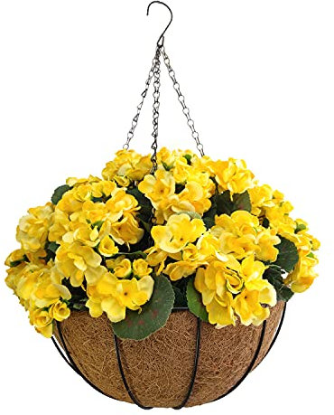 Hängekorb mit Kette, Blumentopf zum Selbermachen, künstliche gelbe Begonien-Stöpsel, Blumen, für Zuhause und im Freien, Dekoration (kleiner Korb)