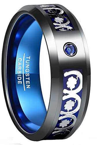VAKKI 8mm Zirkonia Wolfram Ring Herren Damen Verlobungsringe Schwarz Blau Eingelegte Abalone Muschel/Vierblättriges Kleeblatt Modeschmuck Größe 54 bis 67(17.2-21.3)