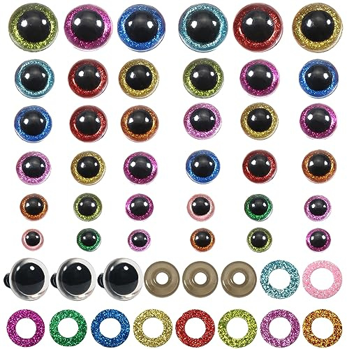 TOAOB 120 Stück Sicherheitsaugen für Häkeltiere 10mm bis 20mm Glitzer Bunt | 10 Farben Kunststoff Augen, Sicherheitsaugen mit Unterlegscheiben für DIY Basteln, Marionette Puppenherstellung