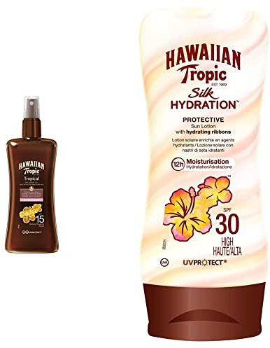 Hawaiian Tropic - Protective Dry Oil Spray - Aceite bronceador - 200 ml + Silk Hydration Protective - Loción Solar Protectora con Cintas de Seda Hidratantes y