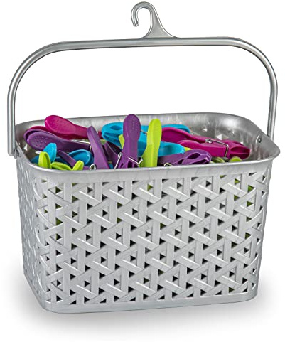 TIENDA EURASIA - Cesta Pinzas, Cesta para Pinzas de Ropa con Colgador, Cesta de Plastico con Diseño de Mimbre (Plata)