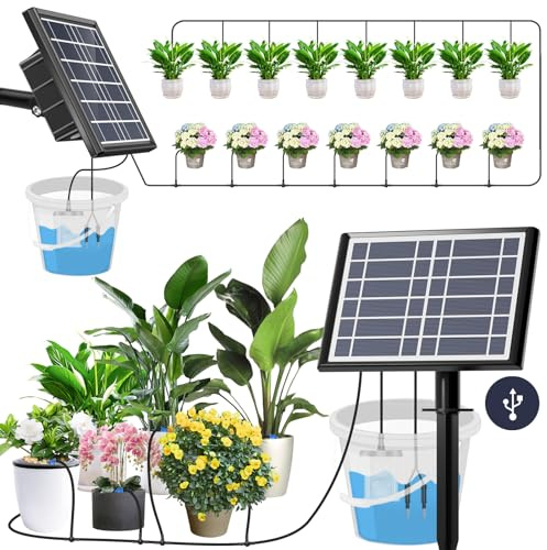 Solar-Bewässerung, [verbesserte Pumpe] Automatisches Pflanzenbewässerungssystem, solarbetriebenes Tropfbewässerungsset, selbstbewässernde Geräte mit Timer, Terrasse, Balkon | 25 Timer-Modi, 900 ml/min Durchfluss, Solar- und USB-Strom für Topfpflanzen, Garten, Balkon und Terrasse