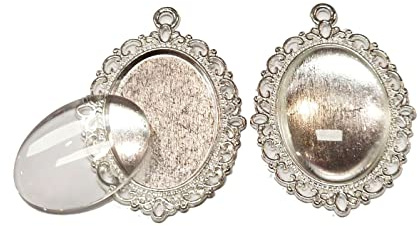 Perlin Cabochon Fassung Oval Set 25 x 18 mm 4 Stück Anhänger Rohlinge mit Glas Cabochon Metallfassung Silber für Schmuck DIY Foto Anhänger Basteln