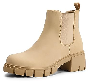 DREAM PAIRS Dam elastiska Chelsea ankelstövlar plattform låg tjock blockklack häl häl sula slip on höst klackade stövlar SDAB2316W, NAKEN, 40 EU